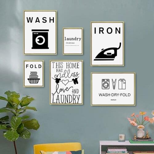 Abstract Laundry Room Wall Art Canvas Painting Prints Nordic Black and White Posters Minimalist Wash Dry Iron Picture Home Decor