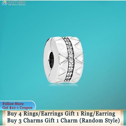 Ahthen 925 Sterling Silver Beads Sparkling Jagged Lines Clip Charms fit Original Pandora Bracelets for Women Jewelry Making Gift