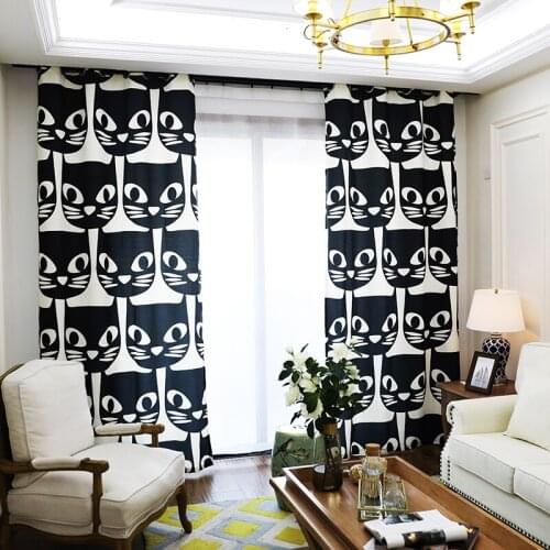 Cute Kitty Black and White Curtain for Living Room Cartoon Cat Print Custom Made Curtain for Children Bedroom Bay Window Curtain