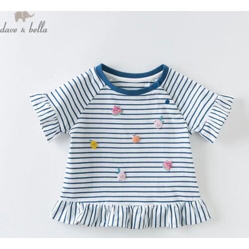 DBM13813 dave bella summer baby girls cartoon striped T-shirt children short sleeve tops girls cute pullover kids fashion tees