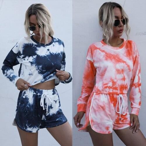 Women Home Set Tie Dye Long Sleeve Top Shirt and Shorts Outfits Casual Suit 2 Pieces Sets
