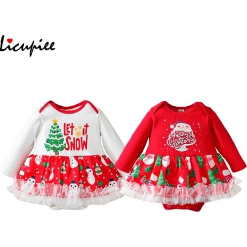 Baby Girls Christmas Printed Romper, Long Sleeve Ruffled Lace Skirt Hem and Snap Button Crotch Baby Clothes 0-12 Months
