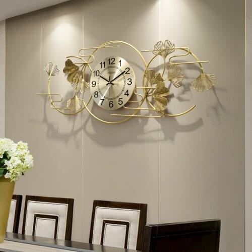New Chinese Ginkgo Leaf Wrought Iron Wall Clock Ornaments Home Livingroom Wall Sticker Decoration Hotel Lobby Wall Mural Crafts