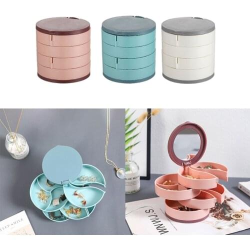Jewelry Organizer Case with Mirror 4 Layers 360 Degree Rotating Storage Box Necklace Bracelet Ring Earring Display Tray
