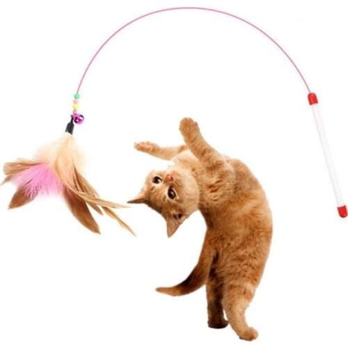 Cat Feather Wand Stick Wire Teaser Kitten Toy Dangle Bell Interactive Pet Supply Plastic Metal Bells Home Garden 3Pcs/set