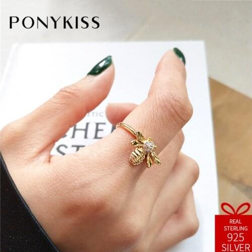 PONYKISS Cute 100% 925 Sterling Silver Adjustable Opening Little Bee Ring Fine Jewelry Women Birthday Party Anniversary
