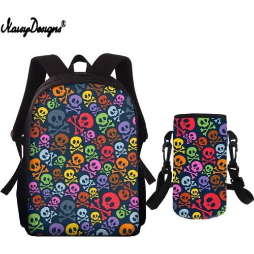 NOISYDESIGNS Colorful Skull Avatar Print Boys Girls School Bags Set Primary Student Schoolbag Kids Backpack with Water Cup Cover