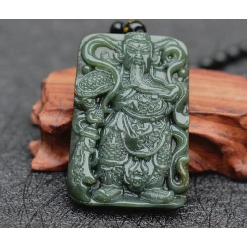 Xinjiang Green HETIAN Jades Pendant Carved Chinese Wealth God Patron saint The Duke Guan Pendant Necklace
