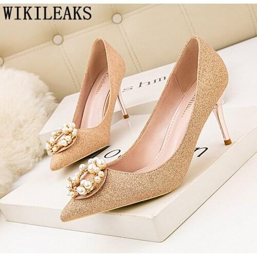 Glitter Heels Wedding Shoes Bride Gold High Heels Party Shoes For Women Ladies High Heel Black Pumps Elegant Shoes For Woman