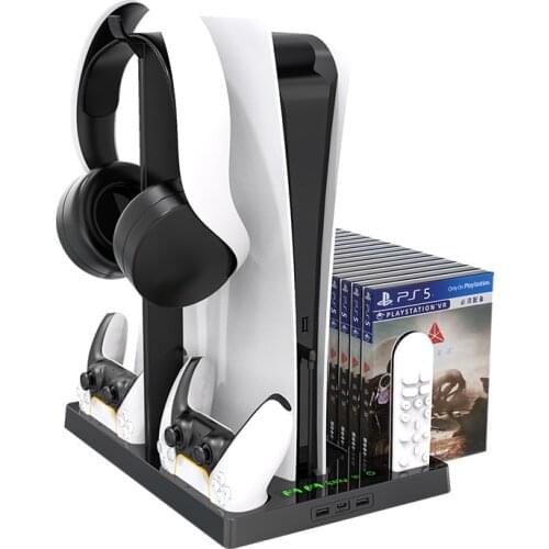 For PlayStation 5 Console Universal Multi-functional Cooling Base With Disc Storage Rack Handle Double Seat Charging Earphone