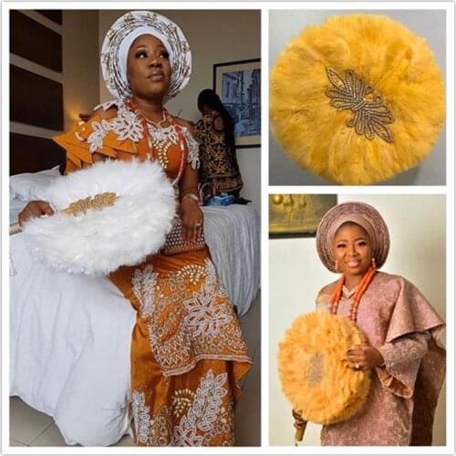 1Pc/bag African Blue Turkey Feather Hand Fan Handmade Fans for Wedding Decoration Hand Fan with Stones Double-sided Feather Fan