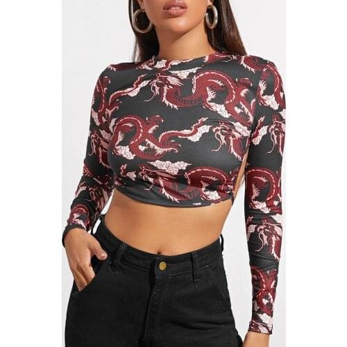 Women Harajuku Crop Top Ladies Sexy Dragon Print Open Back Long Sleeve Bandage T-shirt Tops Summer Bodycon Femme T-shirts
