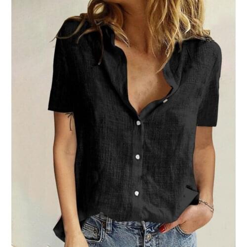 Women Shirt Solid Color Turn Down Collar Short Sleeve Single-breasted Blouse T-shirt for Office shirt women new 2021 Black xxxl