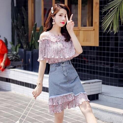 Womens chiffon shirt, bust denim skirt suit, summer new style fashion floral blouse, womens skirt 2 piece set women