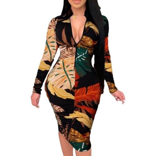 Womens Zipper Print Dresses Sexy Long Slim Long Sleeves Dresses Deep V-neck Slim Sexy Dress Vestidos Verano 2021 #PY