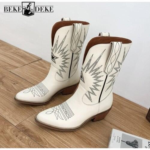 2020 Winter Women Cow Genuine Leather Mid Calf Boots Slip On Block Med Heels Embroidery Riding Shoes Vintage Ladies Knight Boots