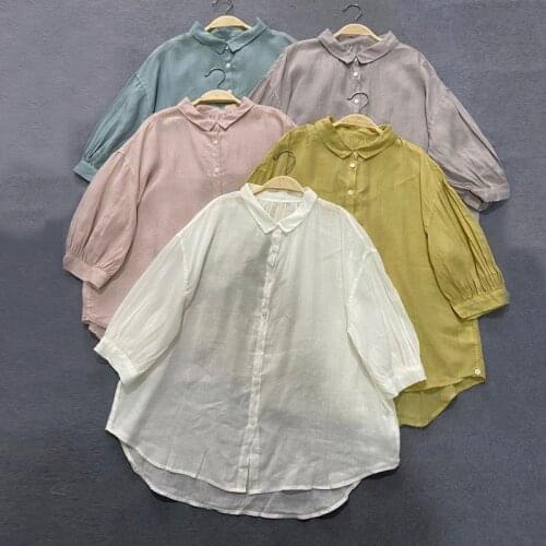 Johnature New Vintage Linen Women Shirts 2021 Summer 5 Colors Button Loose Thin Sunscreen Female Blouses