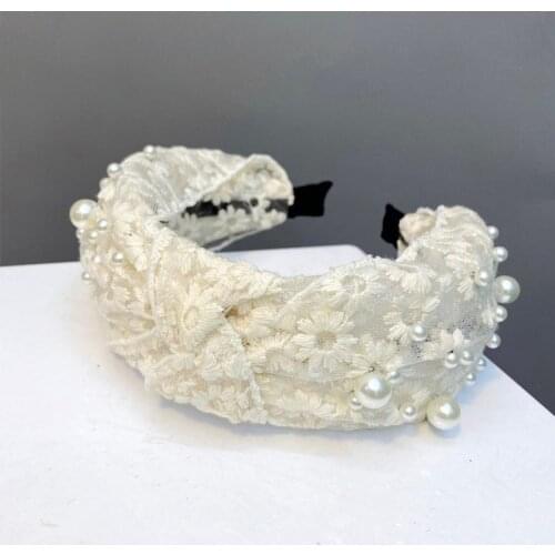 Pearls Embroidery Headband Bow Hair Accessories Headwear Solid Color for Woman Formal Wedding Bridal Prom Party Daily Life