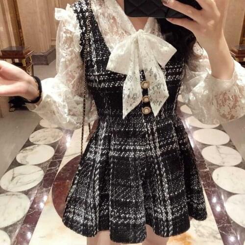 Two Piece Set Tweed Plaid Short Romper Autumn Winter Women Bow Collar Lace Shirt Top Sets Tank Pearl Button Mini Jumpsuit A015