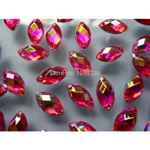 Free shipping 500pcs 6*12mm Navette shape Sew on Acrylic Crystal Rose Red ABcolour Rhinestones For Hand Sewing Stones
