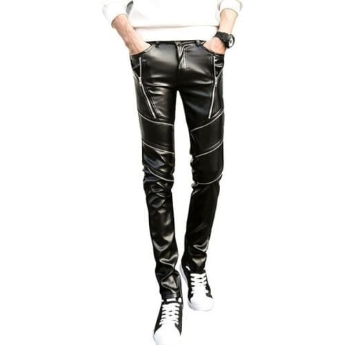 New Dropshipping Arrival Biker Skinny Men Gothic Punk Fashion Leather Pants PU Buckles Hip Hop Zippers Black Leather Trousers