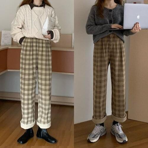 Fall New Plaid Wide Leg Pants Women Korean Fashion Baggies Corduroy Trousers Female Vintage High Waisted Straight Streetwear
