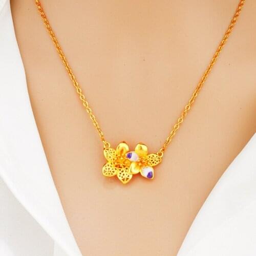24K Gold color necklaces for women double flower Interphase enamel Pendant clavicle chain jewelry Fashion bauhinia Choker gifts
