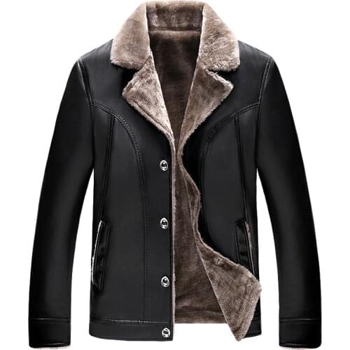 ChangNiu Black PU Leather Jackets Men Mid-Aged Faux Fur Inside Autumn Winter Warm Leather Jackets Coat With Pockets Full Sleeve