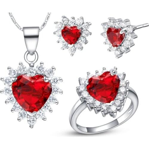 Women Gift word Love real Zirconia CZ Queen Zircon Gem Noble Rich Lucky heart red ocean Pendant necklace Earrings Ring