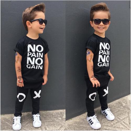 2 pieces Short Sleeve Graphic Tees Shirt Top and Pant Set For Toddler Boy No Pain No Gain Summer