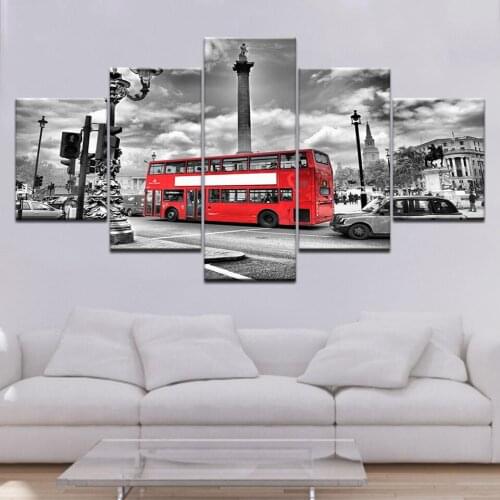 HD Printed Modern Painting On Canvas 5 Panel City Scenery Red Bus Modular Picture Wall Art Home Decoration Posters Frame Bedroom