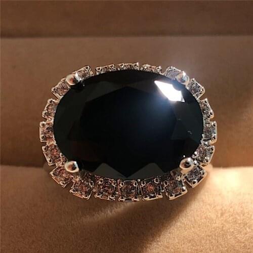 Vintage Female Crystal Big Black Stone Ring Boho Ladies Oval Engagement Ring Wedding Bands Rings For Women