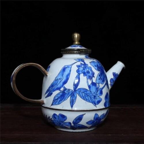 Collection Chinese Hand-made Red Copper Painting Flower Bird Teapot Water Pot Exquisite Gift Fengshui Home Decoration