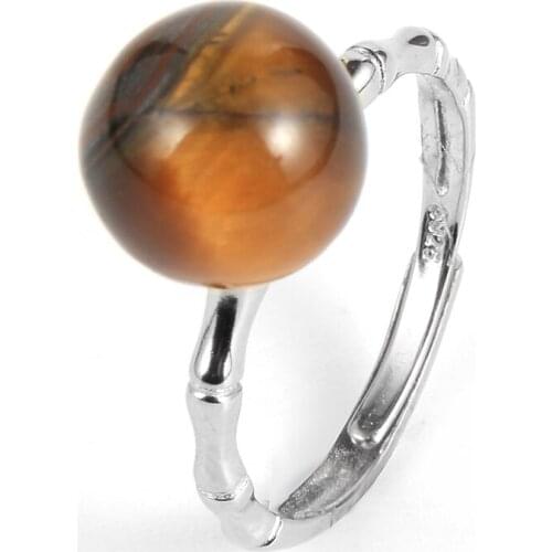 Men Women Natural Stone Tiger Eye Turquoises Rings Pink Crystal Green Tanglin Onyx Silver Plated Bamboo Open Joint Ring Jewelry