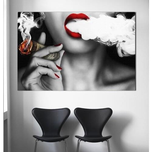 Womans Red Lips and White Smoke Poster Print Oil Painting Wall Pictures for Living Room Frameless Mirrors Draw Core