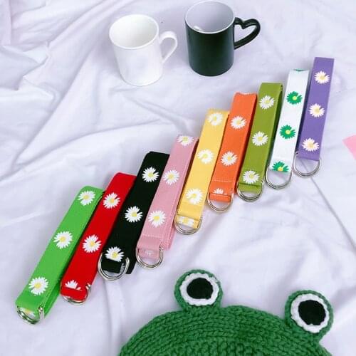 Women Daisy Printed Belt Unisex Double D Ring Canvas Strap Female Long Jeans Waistbelt Adjustable Women Men Canvas Waist Bands