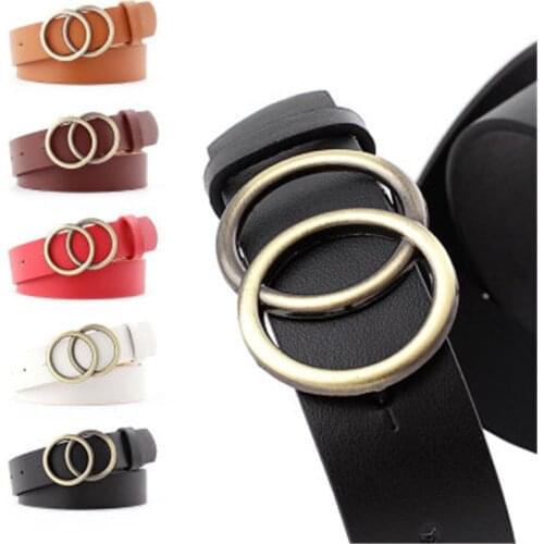 PU Leather New European and American double ring round buckle ladies belt casual belt jeans with dress belt