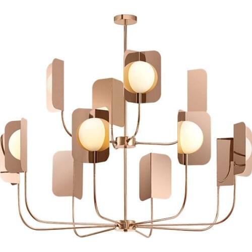 Nordic Luxury Rose Gold Plated Stainless Steel Leaf with LED G5 White Glass Bulbs Chandelier for Villa Pipe Droplight