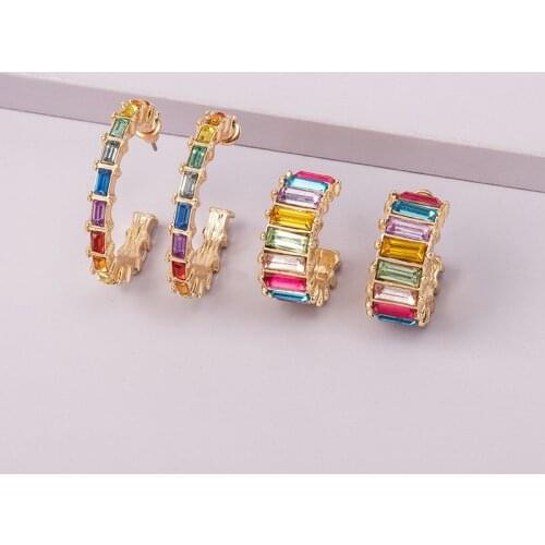 2021 New Sweetly Big and Small C Shape Square Multicolor Pave Crystal Stud Earring for Girl