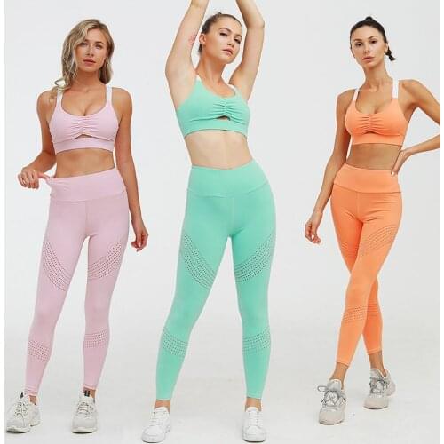 2 PCS of Yoga Sportswear Ladies Summer Suit Gym Leggings Bra Sportswear Push Up Mesh Sportswear Workout Clothes