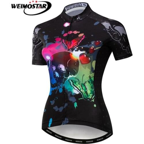 Weimostar 100% Polyester Cycling Jersey Women Summer Short Sleeve Team Bicycle Clothing Ladies Skull mtb Road Bike Jersey Shirt