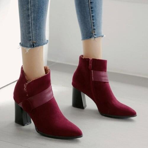 PXELENA Office Lady Short Boots 2019 Autumn Hot Block Chunky Thick High Heels Ankle Boots Flock Women Shoes Chic Plus Size 34-43