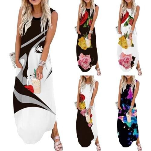 Women Grey O Neck Letter Printed Maxi Dresses 2021 Summer Casual Solid Sleeveless Dress Streewear Plus Size 3XL Female Vestidos