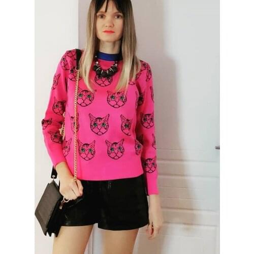 High Quality Runway Designer Cat Print Knitted Sweaters Pullovers Women Autumn Winter Long Sleeve Harajuku Sweet Jumper