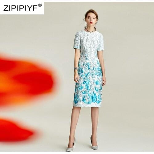 2019 Fashion Autumn Women Vintage Embroidery Slim Knee-Length Dress Office Lady O-Neck Short Sleeve Elegant Party Dress YIN05