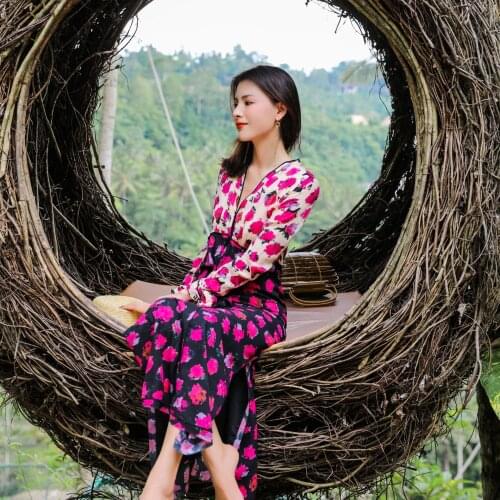 Spring Autumn Womens Flowers Print Ankle-Length Dress Ladies Split Sexy Beach Long Dresses V-neck Beach Style Luxury Dresses