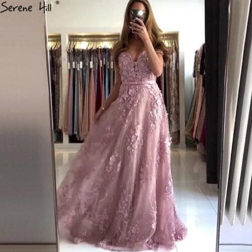 Serene Hill Pink Sweetheart Sexy A-Line Evening Dress 2020 Lace Flower Pearl Off Shoulder Formal Party Gown CLA70180
