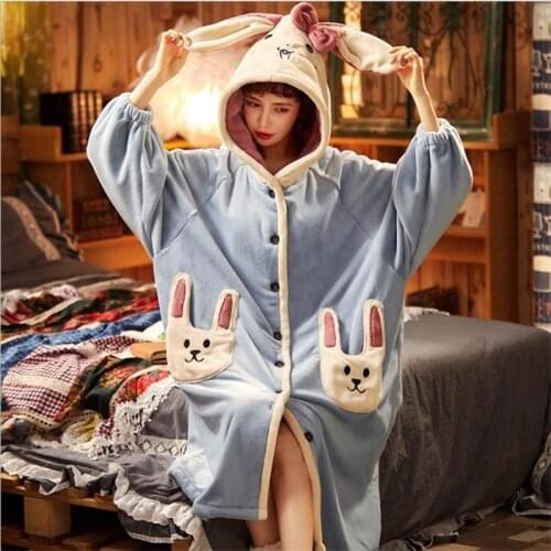 Winter Flannel Women Robe Warm Nightgowns for Girls Cute Cartoon Nightdress Plus Size Coral Fleece Bathrobe Hooded Thicken Sleep