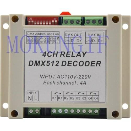 10pcs fast shipping 4CH dmx512 relay Controller, 4CH RELAY OUTPUT , AC110-220V input ,Plastic housing, with guide rail