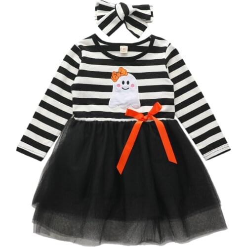 Kids Baby Girls Halloween Long Sleeve Ghost Pattern Striped Mesh Dress and Headband Set Spring Autumn Mesh Dresses